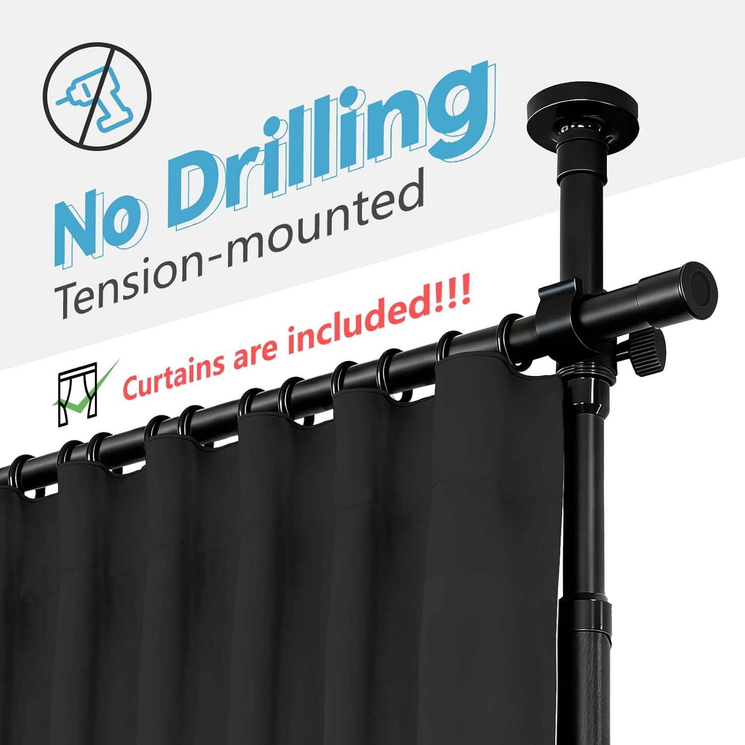 No-Drill Room Divider Curtain Set: Includes 106" W x 84" L Black Curtain & Adjustable Pole Brackets (35-100" W x 43-120" H Adjustable Range)