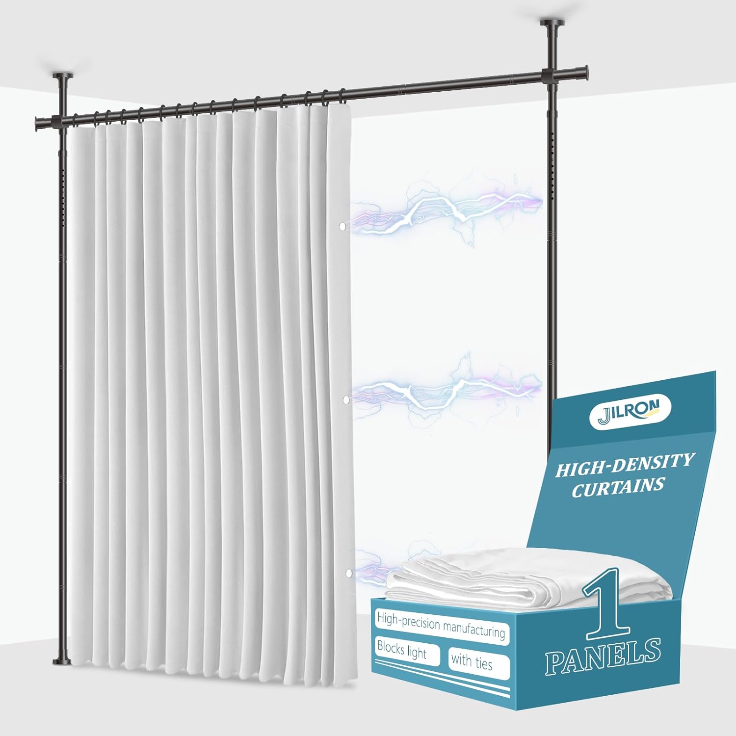 No-Drill Room Divider Curtain Set: Includes 106" W x 84" L Black Curtain & Adjustable Pole Brackets (35-100" W x 43-120" H Adjustable Range)
