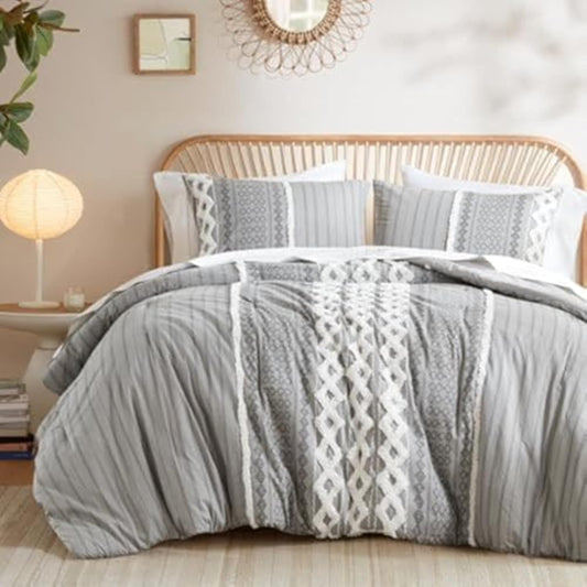 INK+IVY Comforter for King Size Bed, Chenille Tufted, Breathable Cotton Comforter Set King, All Season Modern Boho Comforter with Farmhouse Bedding Flare, 2 Matching Shams, King Gray 3 Piece
