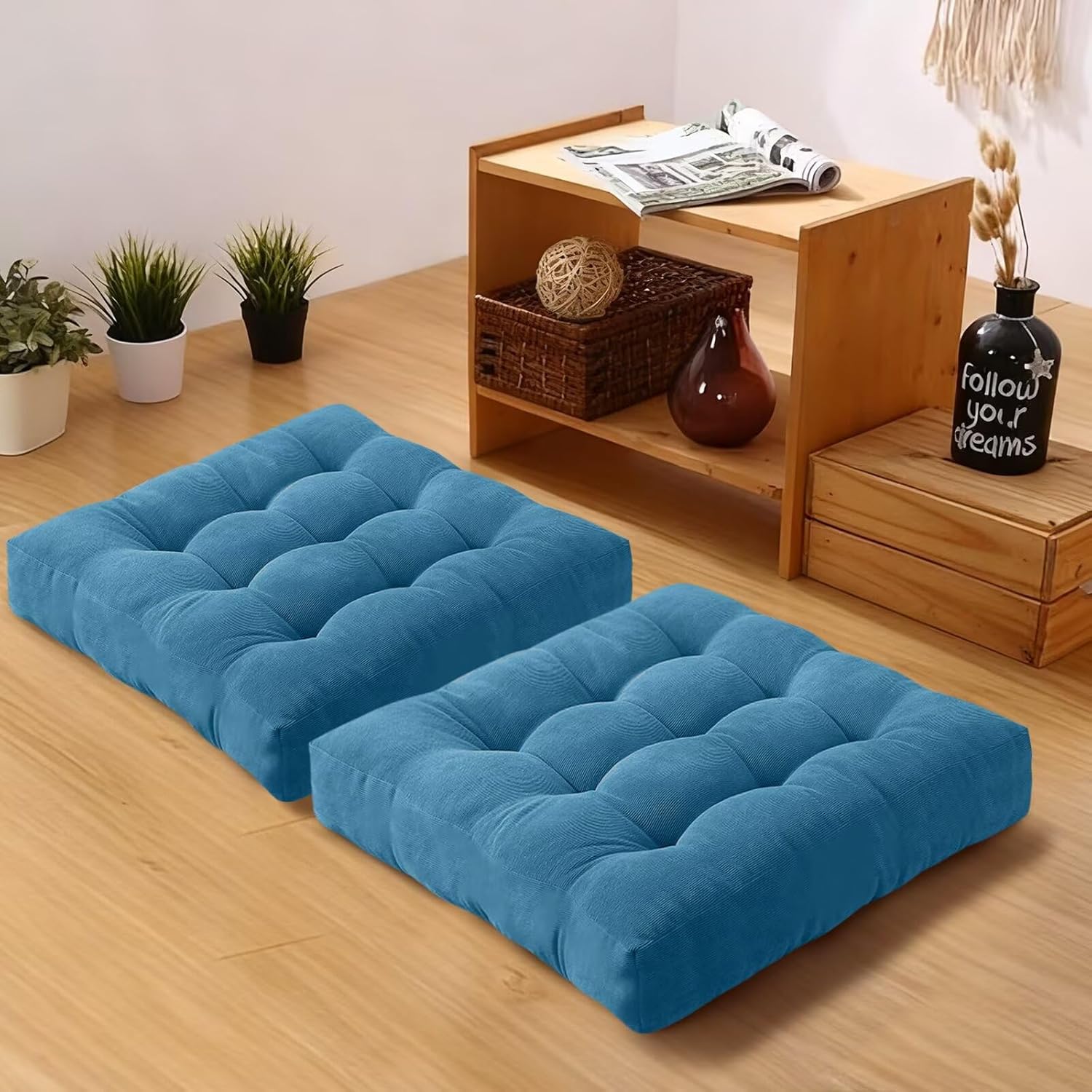 Meditation Floor Pillow Set of 2 Square Large Seat Pillows for Adults Tufted Corduroy Floor Cushion for Tatami Living Room Bedroom Yellow 22x22 Inch