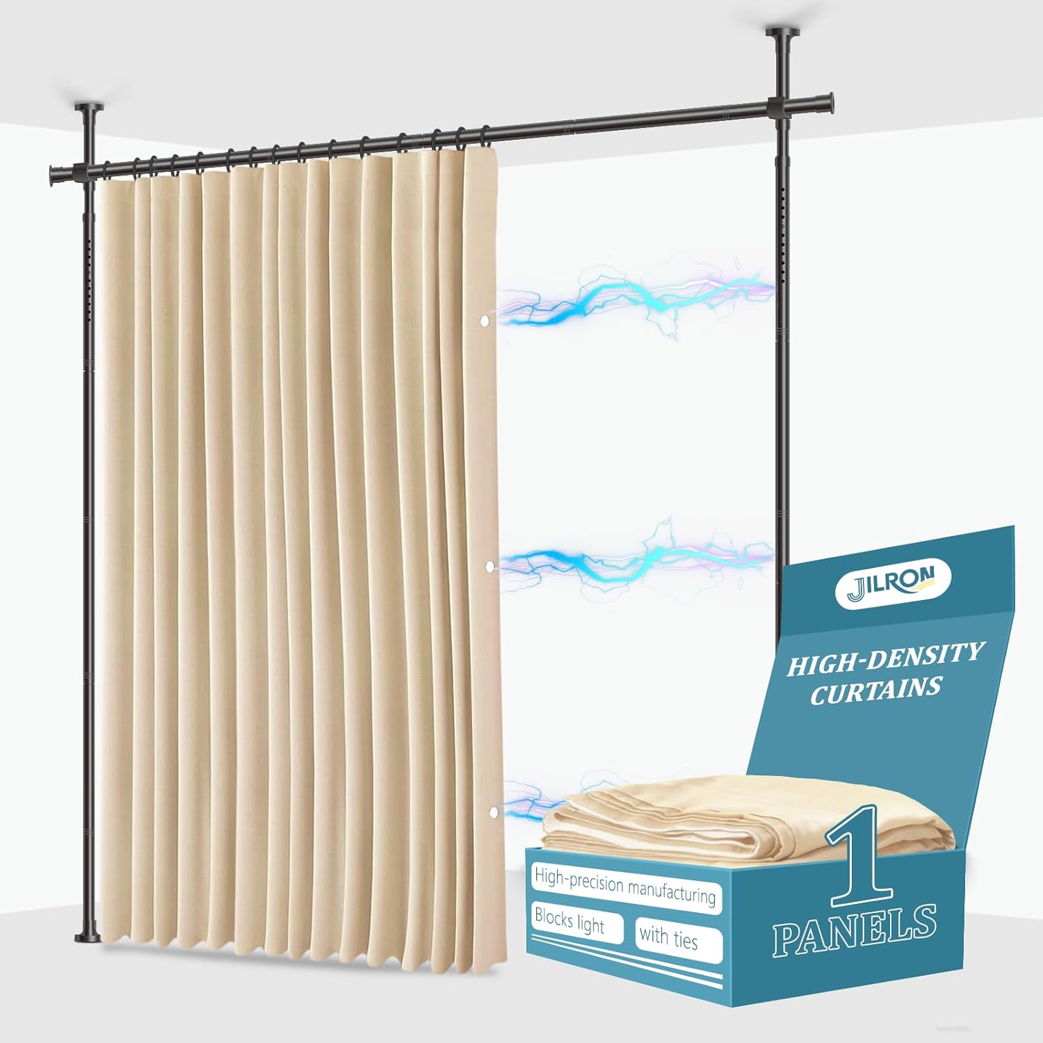 No-Drill Room Divider Curtain Set: Includes 106" W x 84" L Black Curtain & Adjustable Pole Brackets (35-100" W x 43-120" H Adjustable Range)