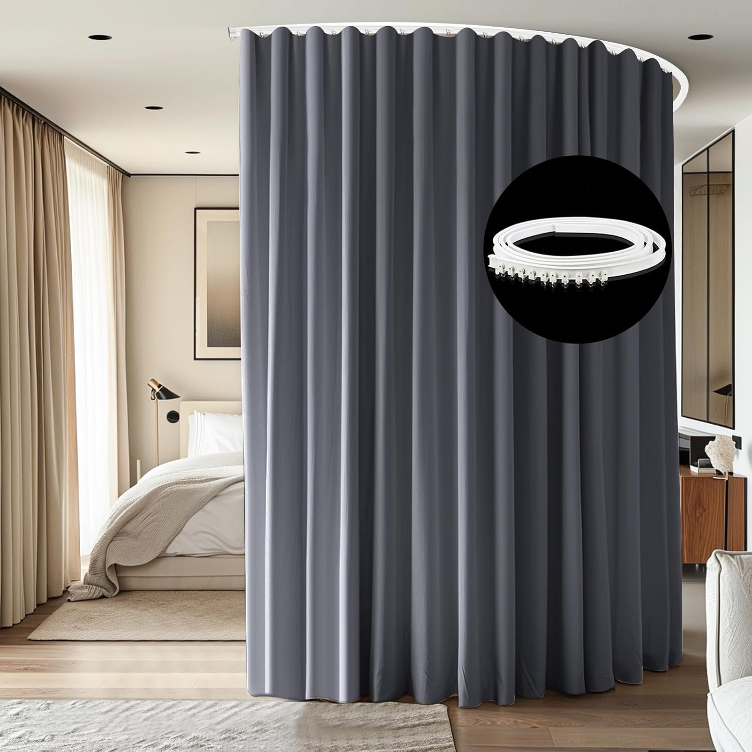 Room Divider Curtains Ceiling Mounted Track Sets Extra Wide Blackout Curtain Flexible Tracks for Bedroom Privacy Partition Separator, 1 Panel Black Drape and White Rail, W8.3 x H7ft