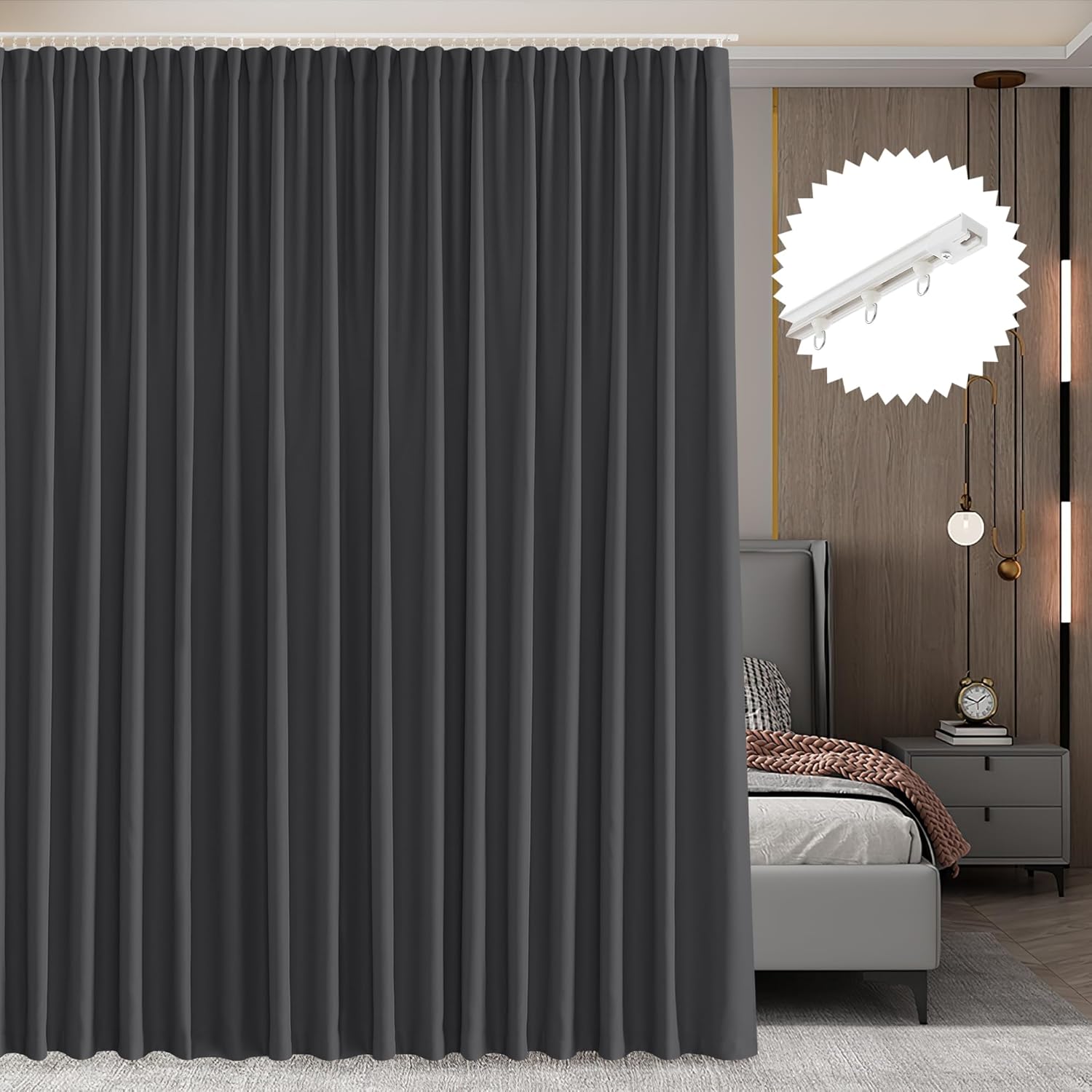 RYB HOME Blackout Room Divider Curtains with Flexible Track Ceiling&Wall Mount, Thermal Insulated Extra Wide Long Track Curtains with Hooks for Living Room, W100 x L84 inch Long, 1 Panel, Black