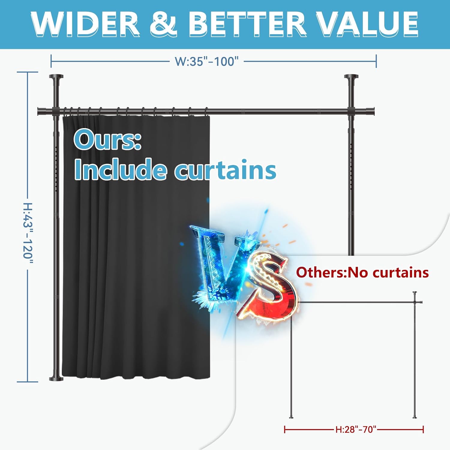 No-Drill Room Divider Curtain Set: Includes 106" W x 84" L Black Curtain & Adjustable Pole Brackets (35-100" W x 43-120" H Adjustable Range)