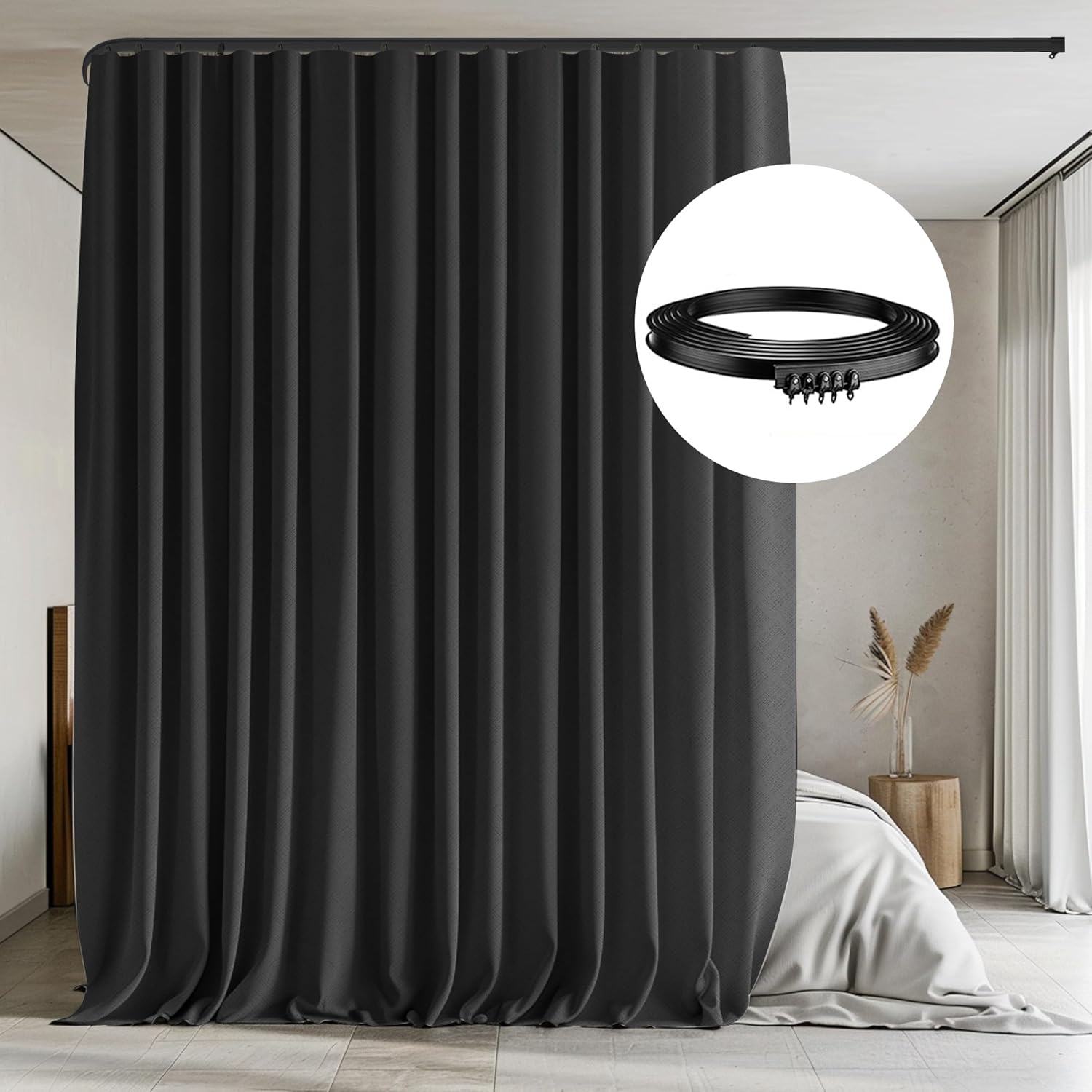 Room Divider Curtains with Flexible Ceiling Tracks Set,Blackout Curtain Ceiling Mount Curtain Track Privacy Room Dividers Ceiling Track Curtain Rod(Black Drape & Black Rail W 8.3 × H 7 FT)