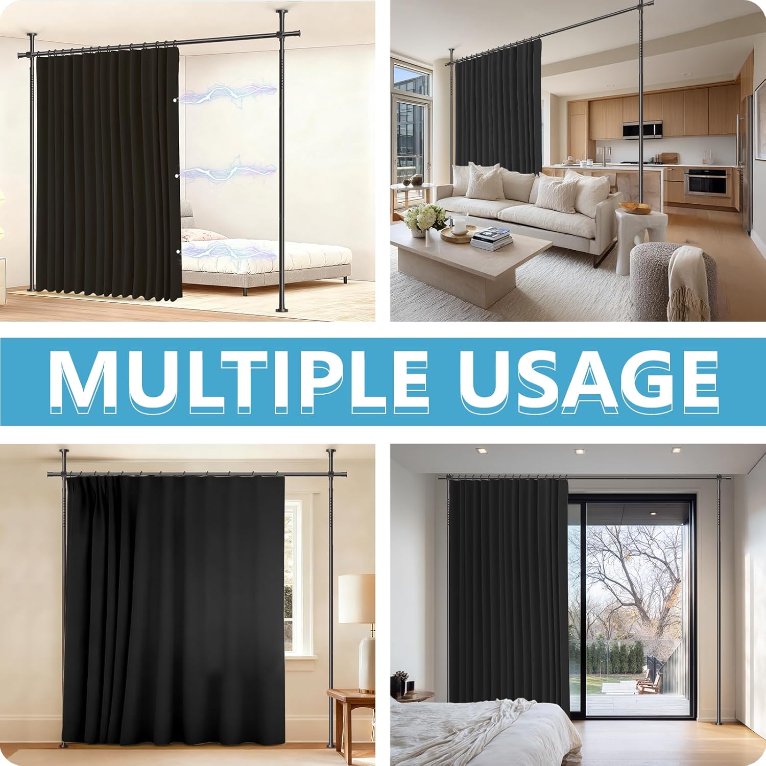 No-Drill Room Divider Curtain Set: Includes 106" W x 84" L Black Curtain & Adjustable Pole Brackets (35-100" W x 43-120" H Adjustable Range)
