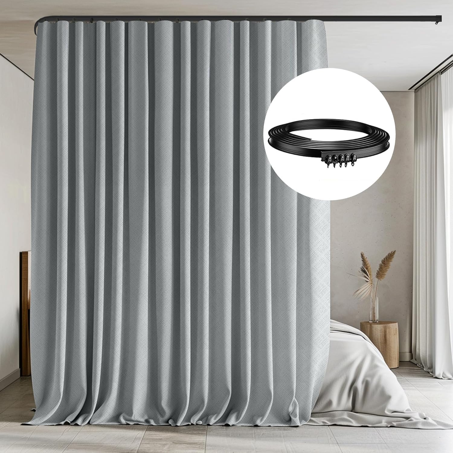 Room Divider Curtains with Flexible Ceiling Tracks Set,Blackout Curtain Ceiling Mount Curtain Track Privacy Room Dividers Ceiling Track Curtain Rod(Black Drape & Black Rail W 8.3 × H 7 FT)
