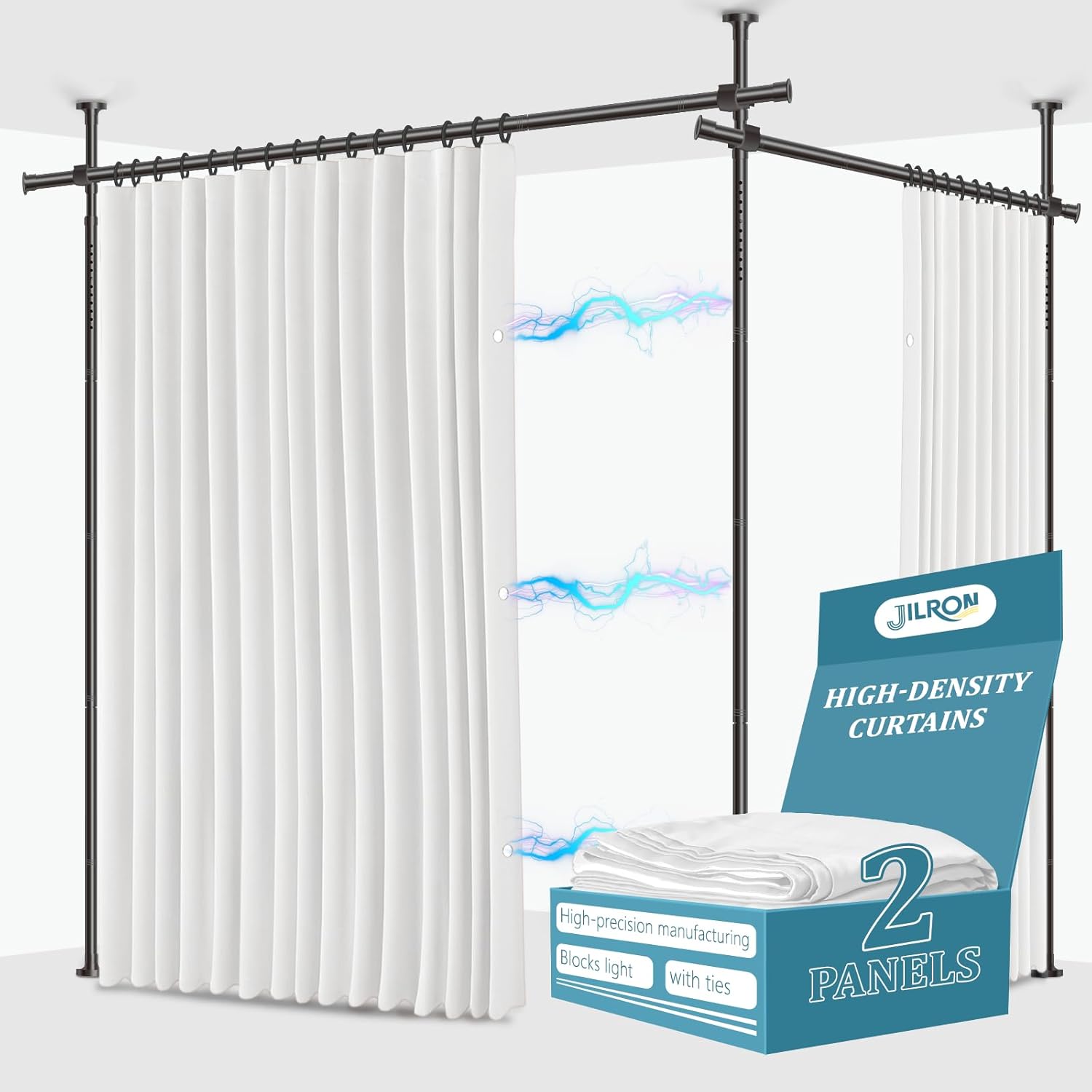 No-Drill Room Divider Curtain Set: Includes 106" W x 84" L Black Curtain & Adjustable Pole Brackets (35-100" W x 43-120" H Adjustable Range)