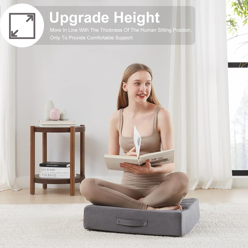 2 Pcs High Density Foam Floor Pillow - Upgraded Large Pillows Seating for Adults - Outdoor Floor Cushion with Soft Tufted Cover - Yoga Pillows for Sitting On Floor - 22 Inch Grey