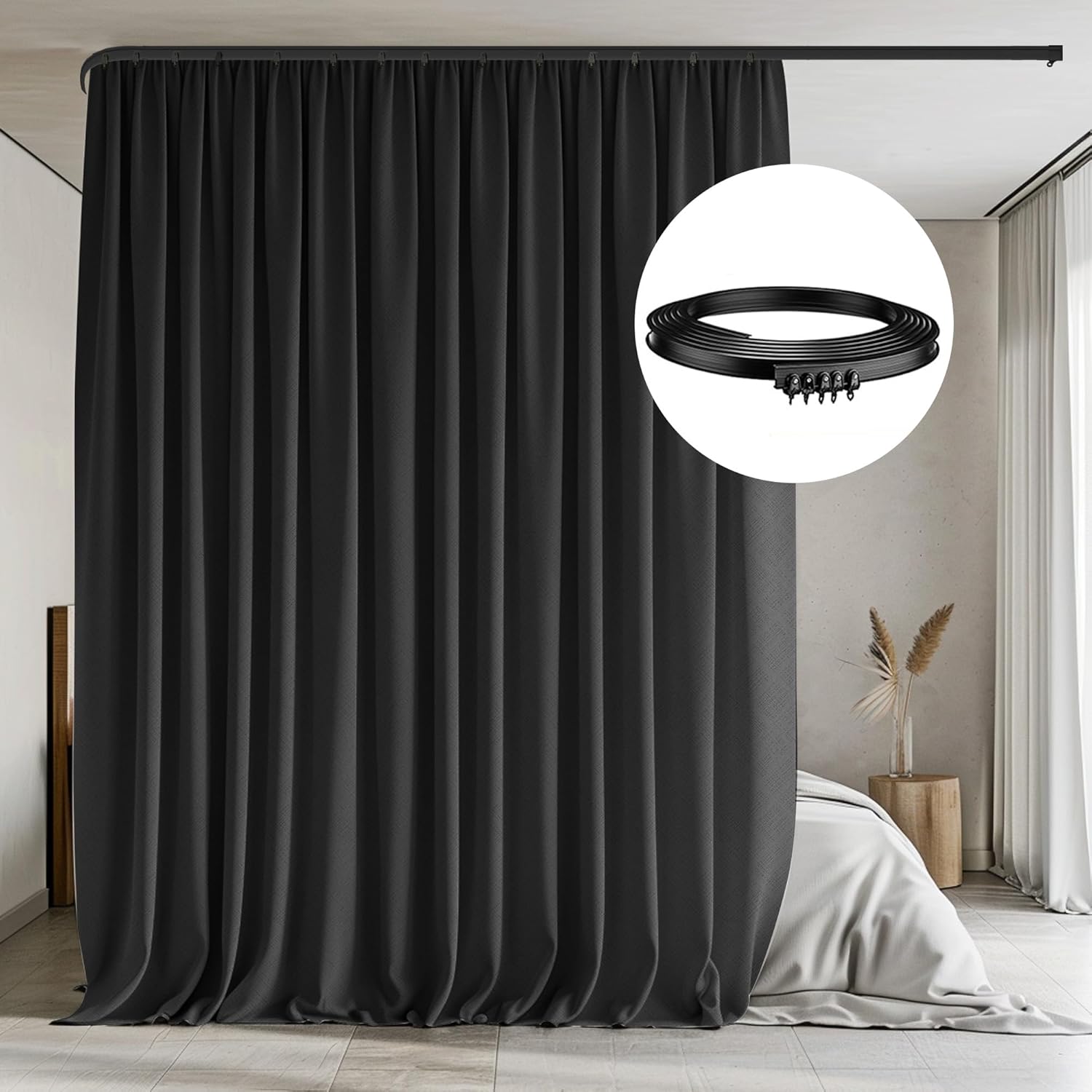 Room Divider Curtains with Flexible Ceiling Tracks Set,Blackout Curtain Ceiling Mount Curtain Track Privacy Room Dividers Ceiling Track Curtain Rod(Black Drape & Black Rail W 8.3 × H 7 FT)