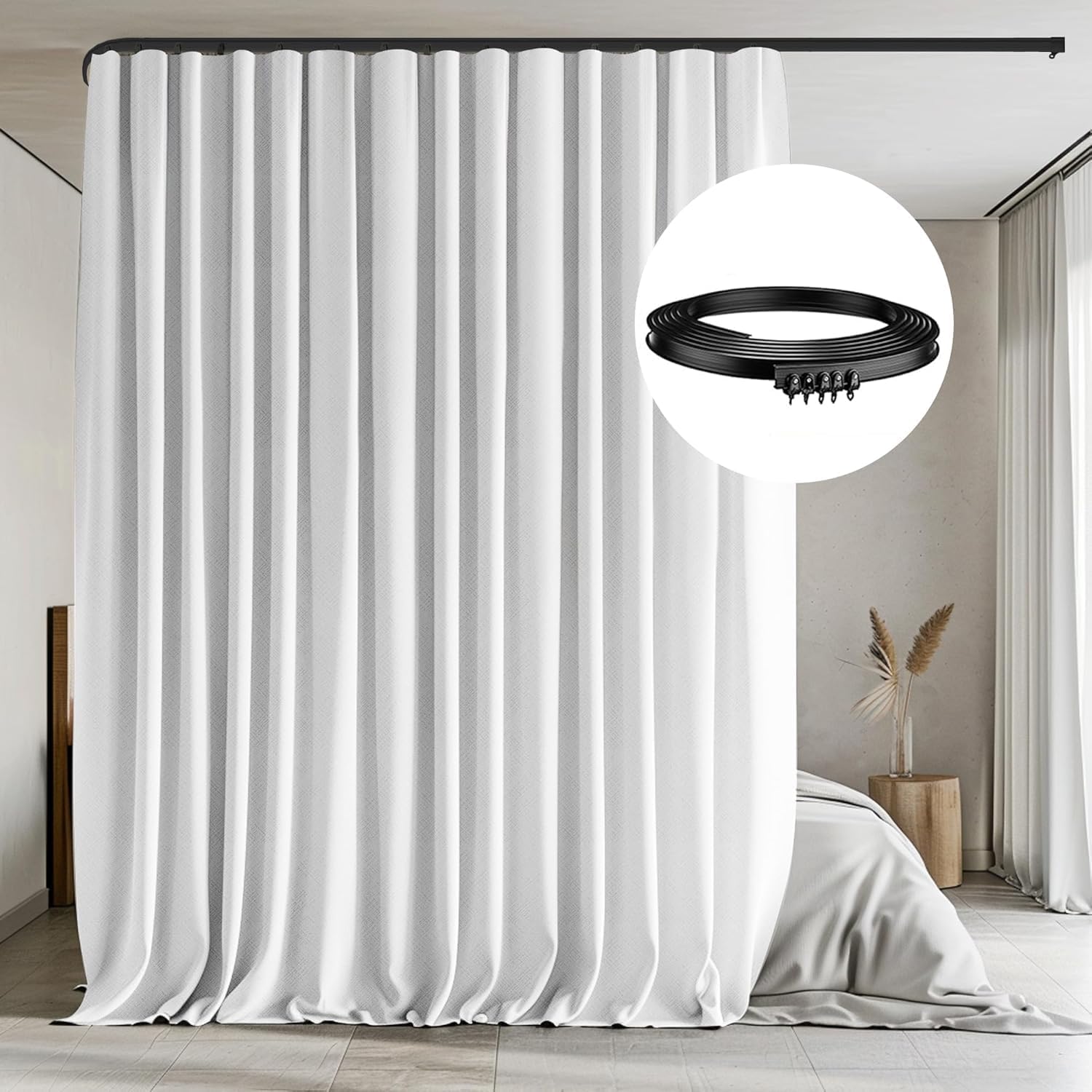 Room Divider Curtains with Flexible Ceiling Tracks Set,Blackout Curtain Ceiling Mount Curtain Track Privacy Room Dividers Ceiling Track Curtain Rod(Black Drape & Black Rail W 8.3 × H 8 FT)