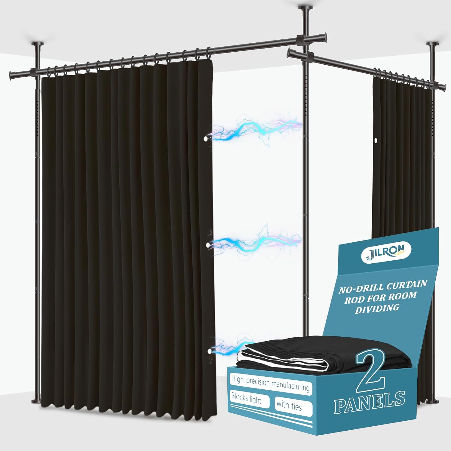 No-Drill Room Divider Curtain Set: Includes 106" W x 84" L Black Curtain & Adjustable Pole Brackets (35-100" W x 43-120" H Adjustable Range)