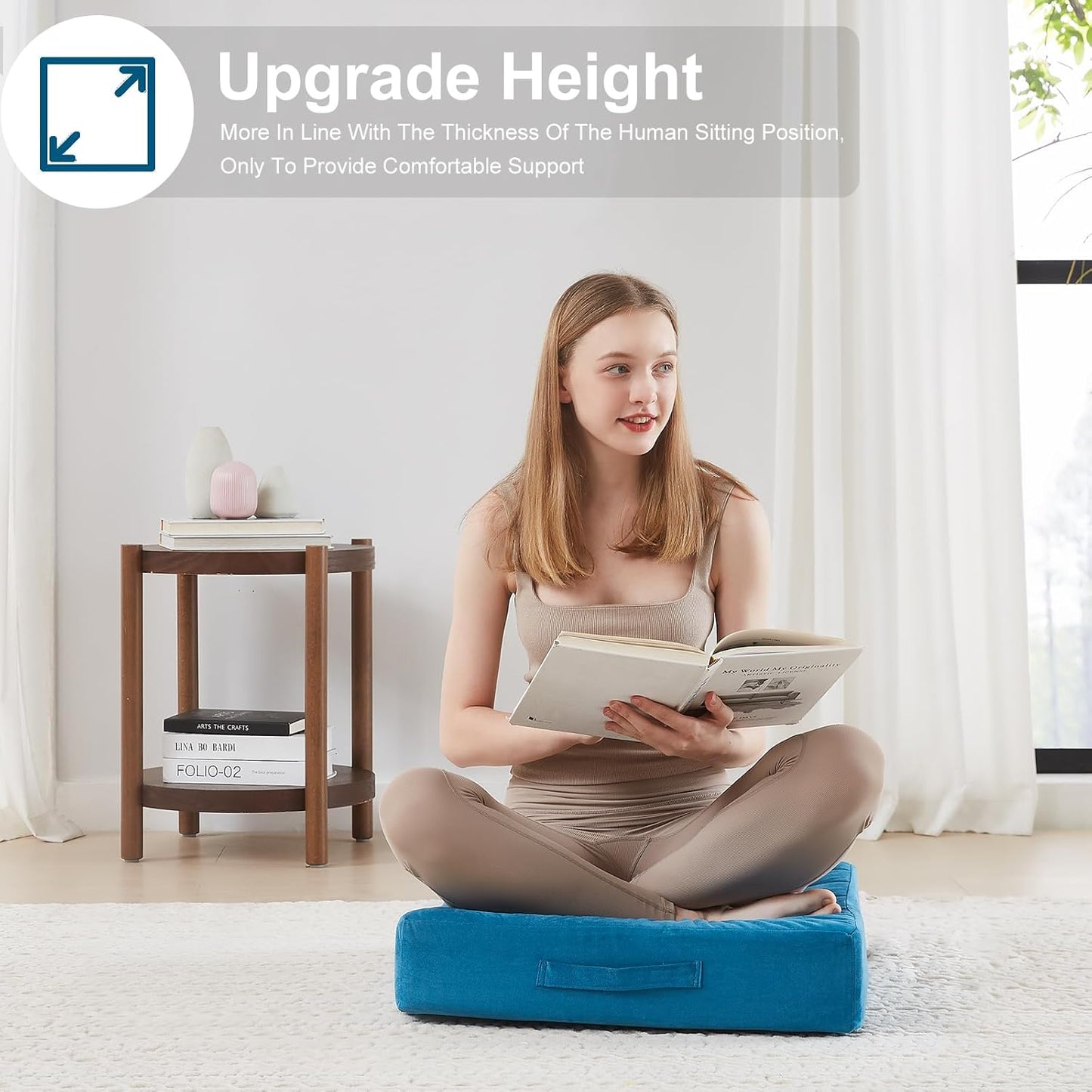 2 Pcs High Density Foam Floor Pillow - Upgraded Large Pillows Seating for Adults - Outdoor Floor Cushion with Soft Tufted Cover - Yoga Pillows for Sitting On Floor - 22 Inch Peacock Blue