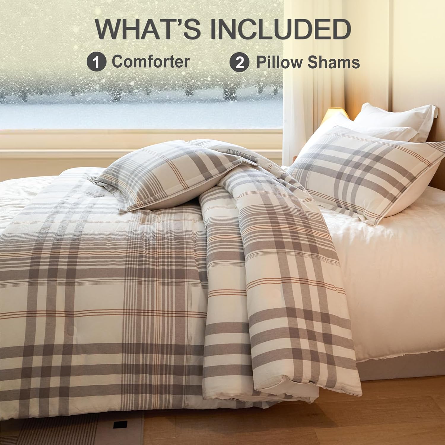 100% Cotton Comforter Set King Size – Reversible Yarn-Dyed Checkered Design, Soft Washed Cotton on Both Sides, Lightweight All-Season Bedding, Machine Washable(Grey White Plaid, 104”x90”)