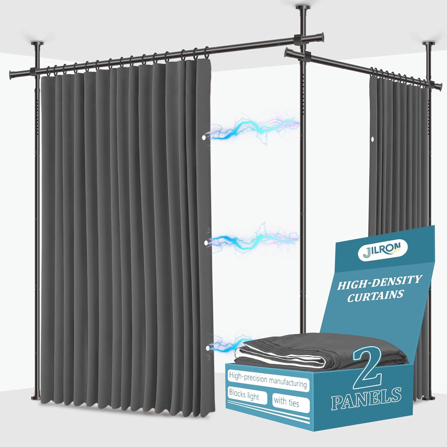 No-Drill Room Divider Curtain Set: Includes 106" W x 84" L Black Curtain & Adjustable Pole Brackets (35-100" W x 43-120" H Adjustable Range)