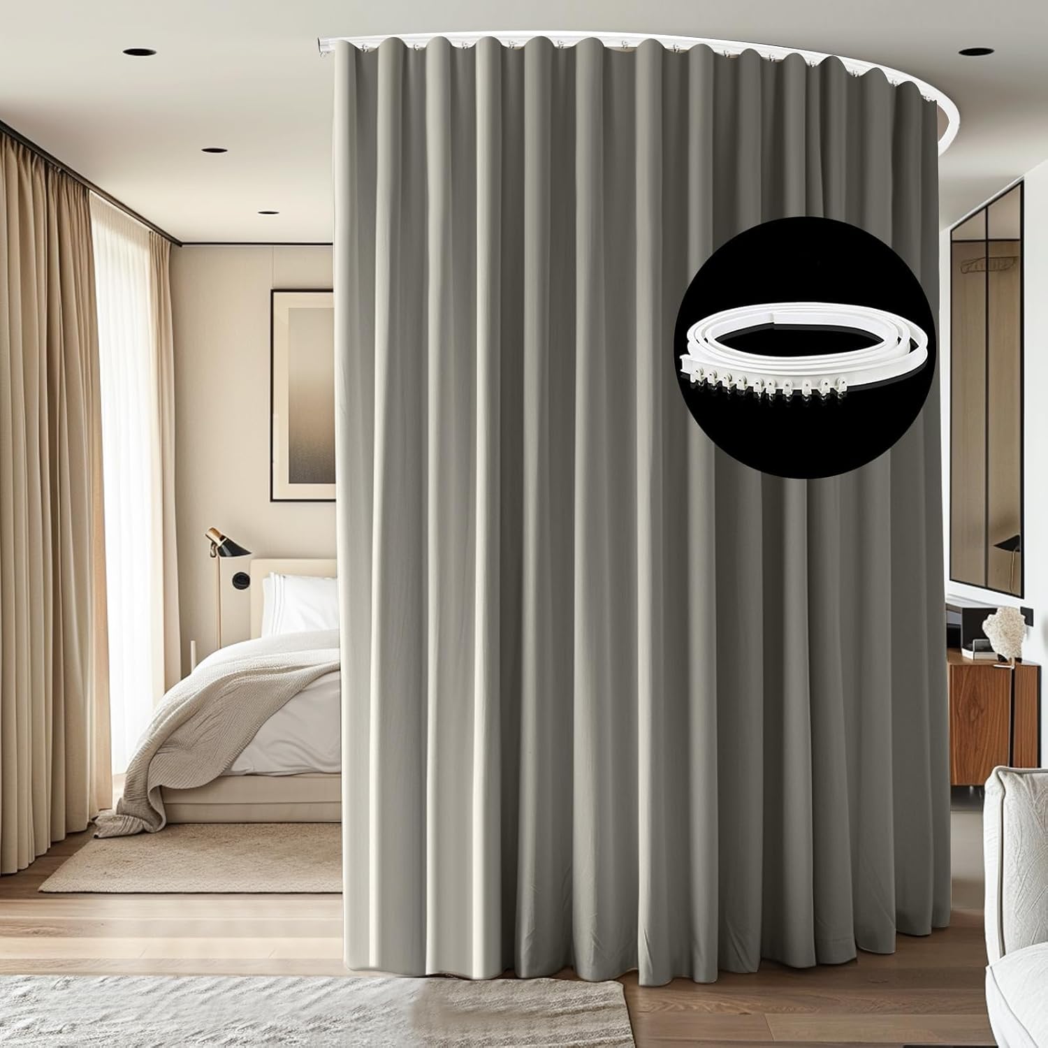 Room Divider Curtains Ceiling Mounted Track Sets Extra Wide Blackout Curtain Flexible Tracks for Bedroom Privacy Partition Separator, 1 Panel Black Drape and White Rail, W8.3 x H7ft
