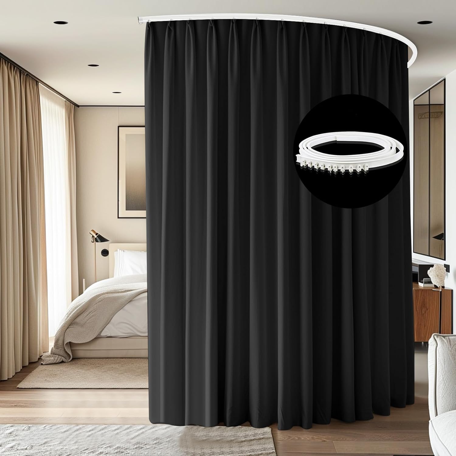 Room Divider Curtains Ceiling Mounted Track Sets Extra Wide Blackout Curtain Flexible Tracks for Bedroom Privacy Partition Separator, 1 Panel Black Drape and White Rail, W8.3 x H7ft