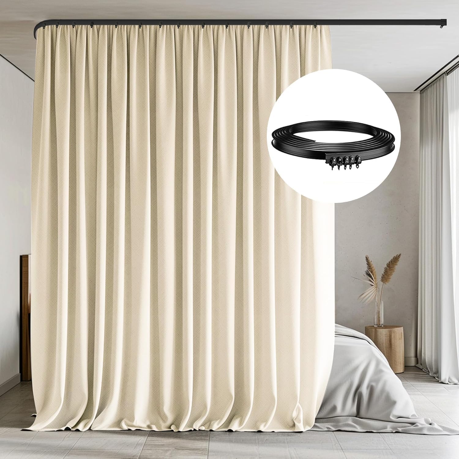 Room Divider Curtains with Flexible Ceiling Tracks Set,Blackout Curtain Ceiling Mount Curtain Track Privacy Room Dividers Ceiling Track Curtain Rod(Black Drape & Black Rail W 8.3 × H 8 FT)