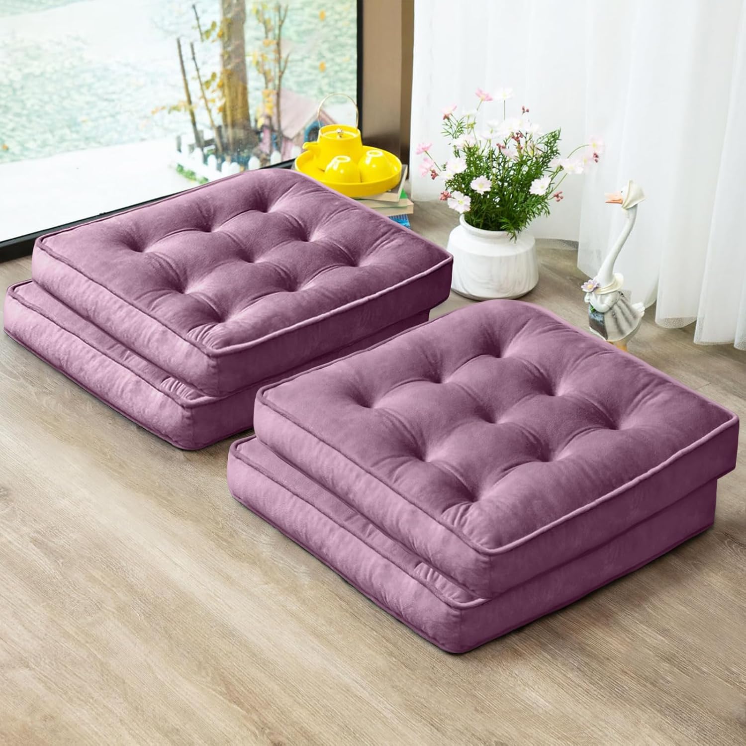 Floor Pillow Set of 4, Memory Foam Meditation Cushion, Floor Cushions for Adults Sitting, Large Square Seat Cushions for Yoga, Living Room, 20x20 Inch (Grey)