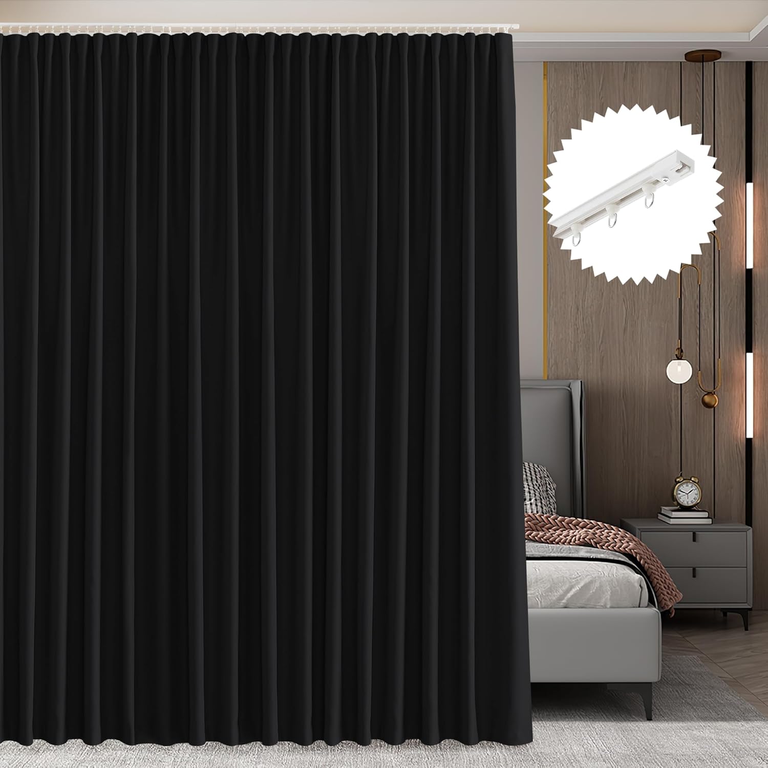 RYB HOME Blackout Room Divider Curtains with Flexible Track Ceiling&Wall Mount, Thermal Insulated Extra Wide Long Track Curtains with Hooks for Living Room, W100 x L84 inch Long, 1 Panel, Black