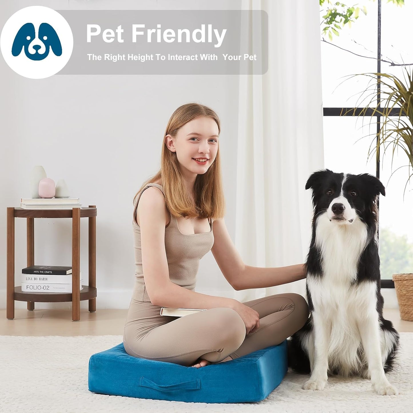 2 Pcs High Density Foam Floor Pillow - Upgraded Large Pillows Seating for Adults - Outdoor Floor Cushion with Soft Tufted Cover - Yoga Pillows for Sitting On Floor - 22 Inch Peacock Blue