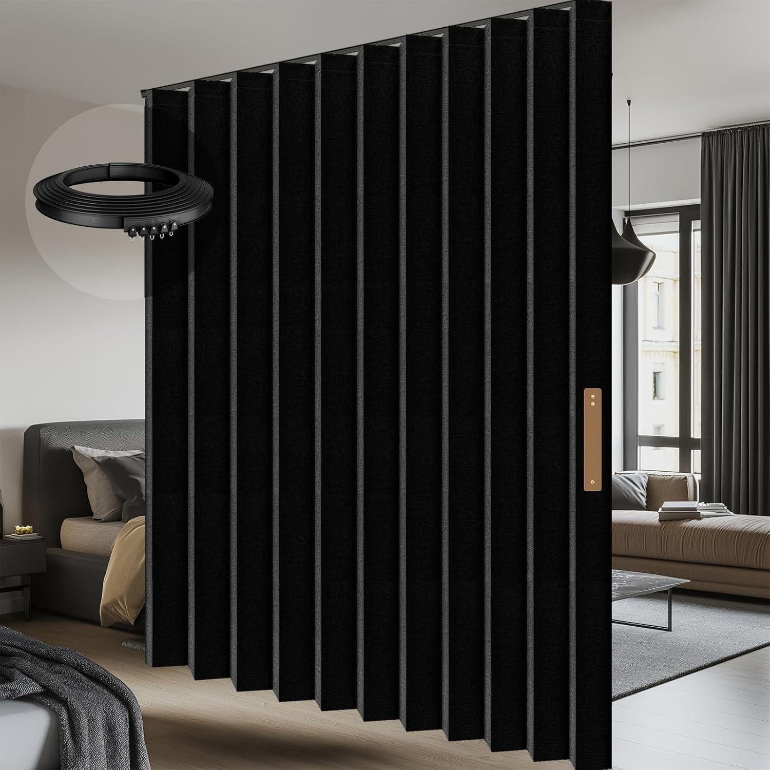 100% Blackout Accordion Room Divider Curtains - with Flexible Ceiling Track Total Privacy Sound Proof Curtains Suitable for Bedroom Patio Sliding Door(Black, W100 x L84, 1 Pack)