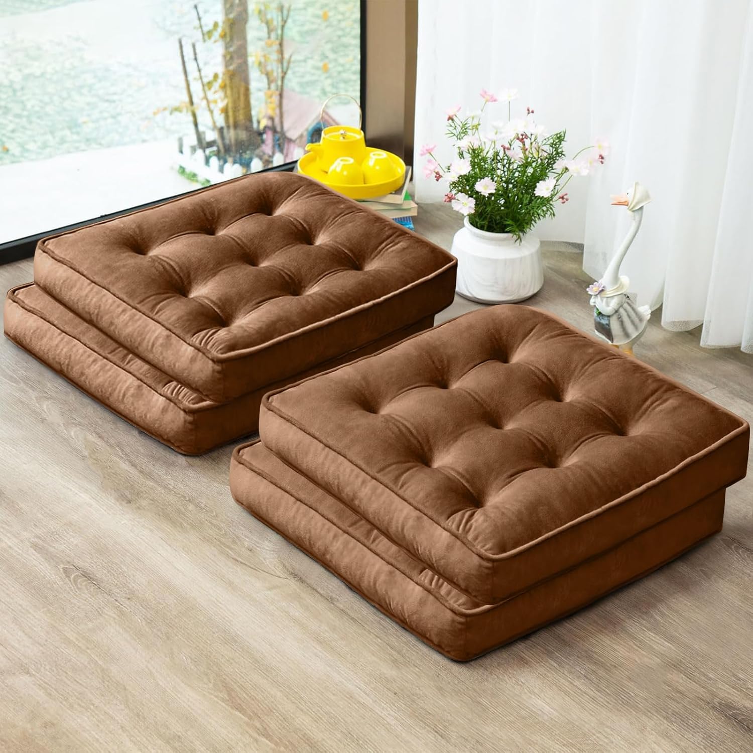 Floor Pillow Set of 4, Memory Foam Meditation Cushion, Floor Cushions for Adults Sitting, Large Square Seat Cushions for Yoga, Living Room, 20x20 Inch (Grey)