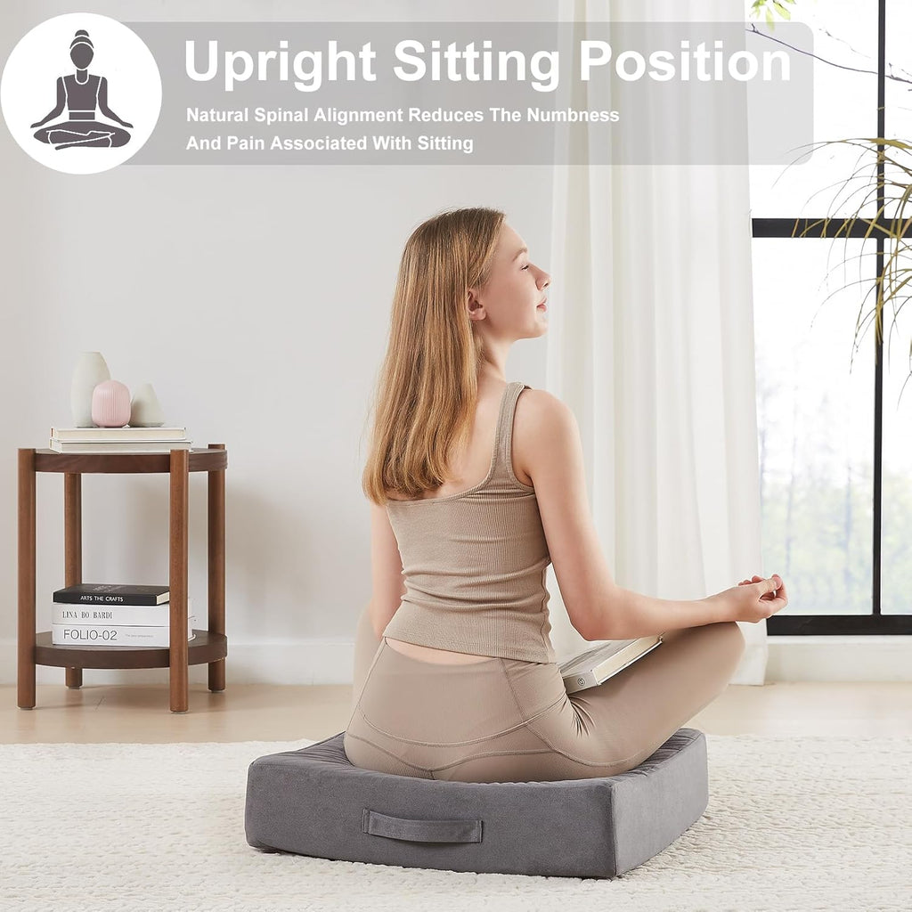 2 Pcs High Density Foam Floor Pillow - Upgraded Large Pillows Seating for Adults - Outdoor Floor Cushion with Soft Tufted Cover - Yoga Pillows for Sitting On Floor - 22 Inch Grey