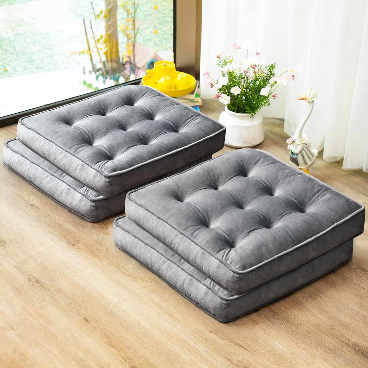 Floor Pillow Set of 4, Memory Foam Meditation Cushion, Floor Cushions for Adults Sitting, Large Square Seat Cushions for Yoga, Living Room, 20x20 Inch (Grey)