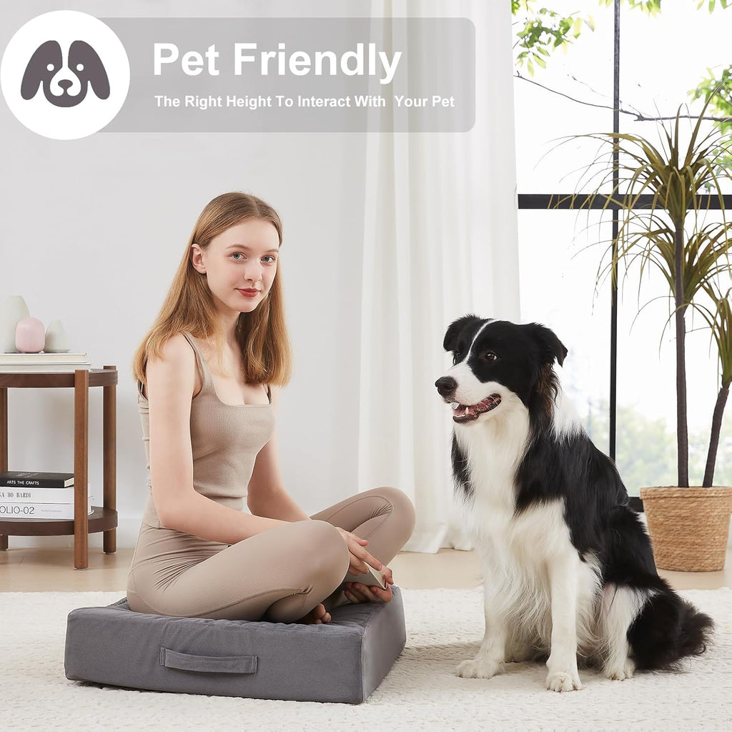 2 Pcs High Density Foam Floor Pillow - Upgraded Large Pillows Seating for Adults - Outdoor Floor Cushion with Soft Tufted Cover - Yoga Pillows for Sitting On Floor - 22 Inch Grey