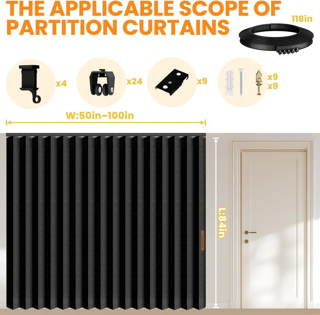 100% Blackout Accordion Room Divider Curtains - with Flexible Ceiling Track Total Privacy Sound Proof Curtains Suitable for Bedroom Patio Sliding Door(Black, W100 x L84, 1 Pack)
