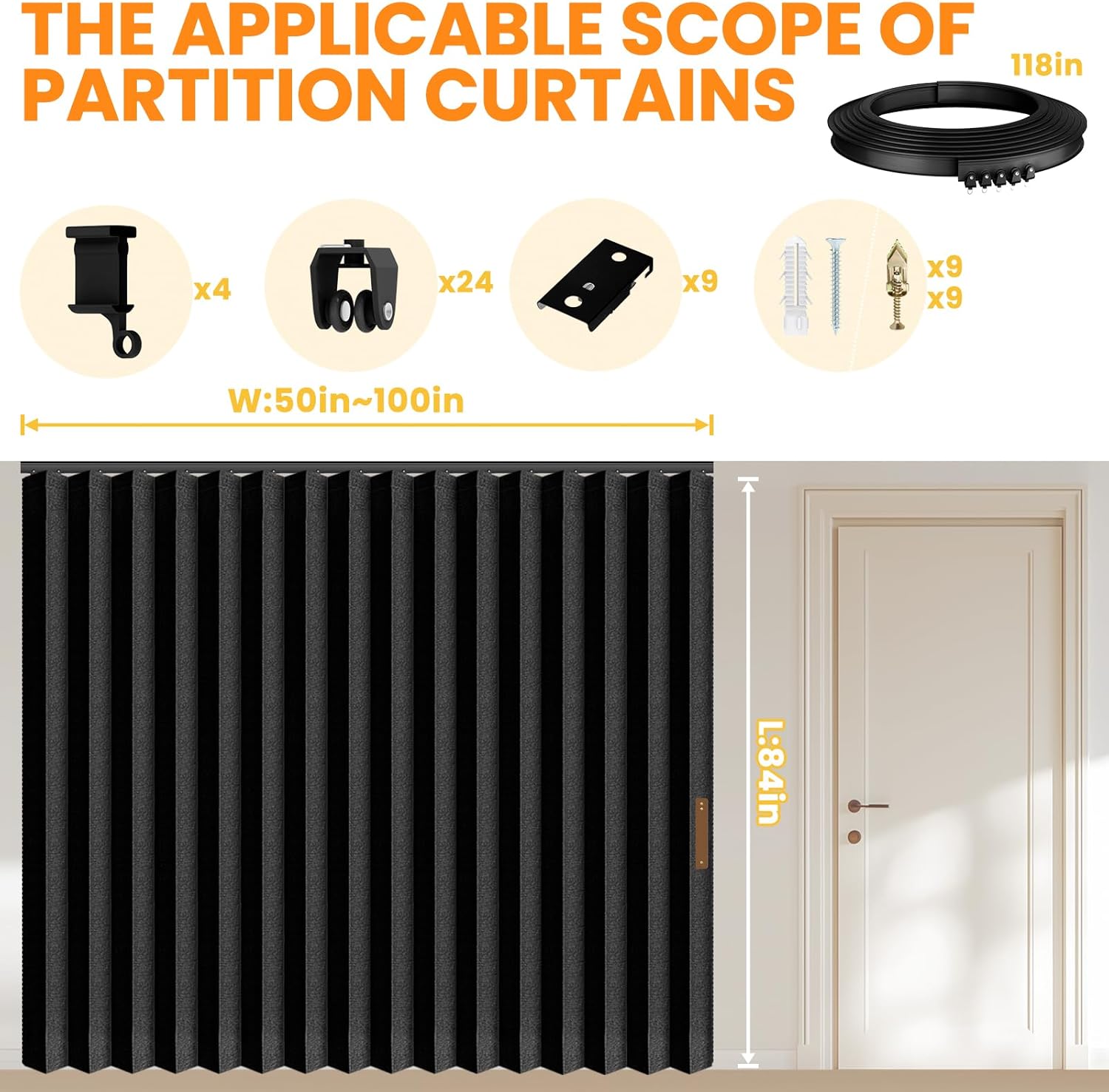 100% Blackout Accordion Room Divider Curtains - with Flexible Ceiling Track Total Privacy Sound Proof Curtains Suitable for Bedroom Patio Sliding Door(Black, W100 x L84, 1 Pack)