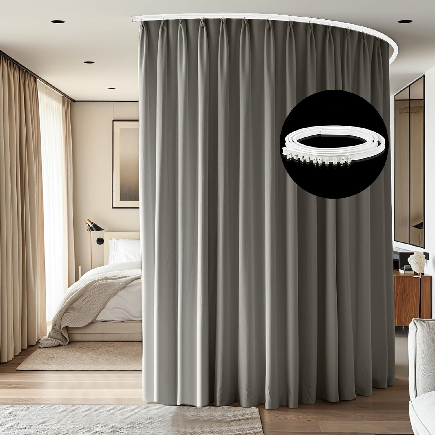 Room Divider Ceiling Mounted Curtains Track Sets Extra Wide Blackout Curtain Flexible Tracks for Bedroom Privacy Partition Separator, 1 Panel Black Drape and White Rail, W8.3 x H8ft