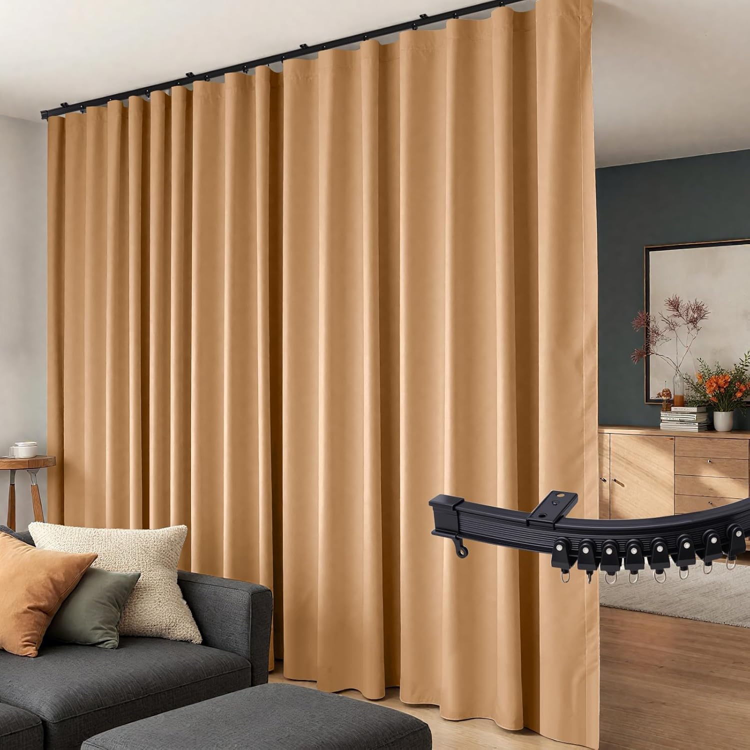 Room Divider Curtains Flexible Ceiling Tracks Set Curtain Track Ceiling Mount Blackout Curtain for Living Room Bedroom Ceiling Curtain Rod Privacy Dividers Panels W100 x H84 Black Drape & Black Rail