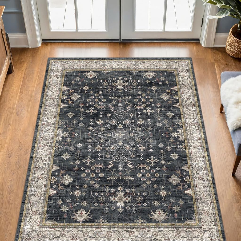 Black Farmhouse Washable 8x10 Area Rugs for Living Room, Bedroom, Dining Room Kitchen Table Rug for Under Table, Office, Dark Charcoal Tumble Stain Resistant Non-Slip Large Washable (8x10 Black/Multi)