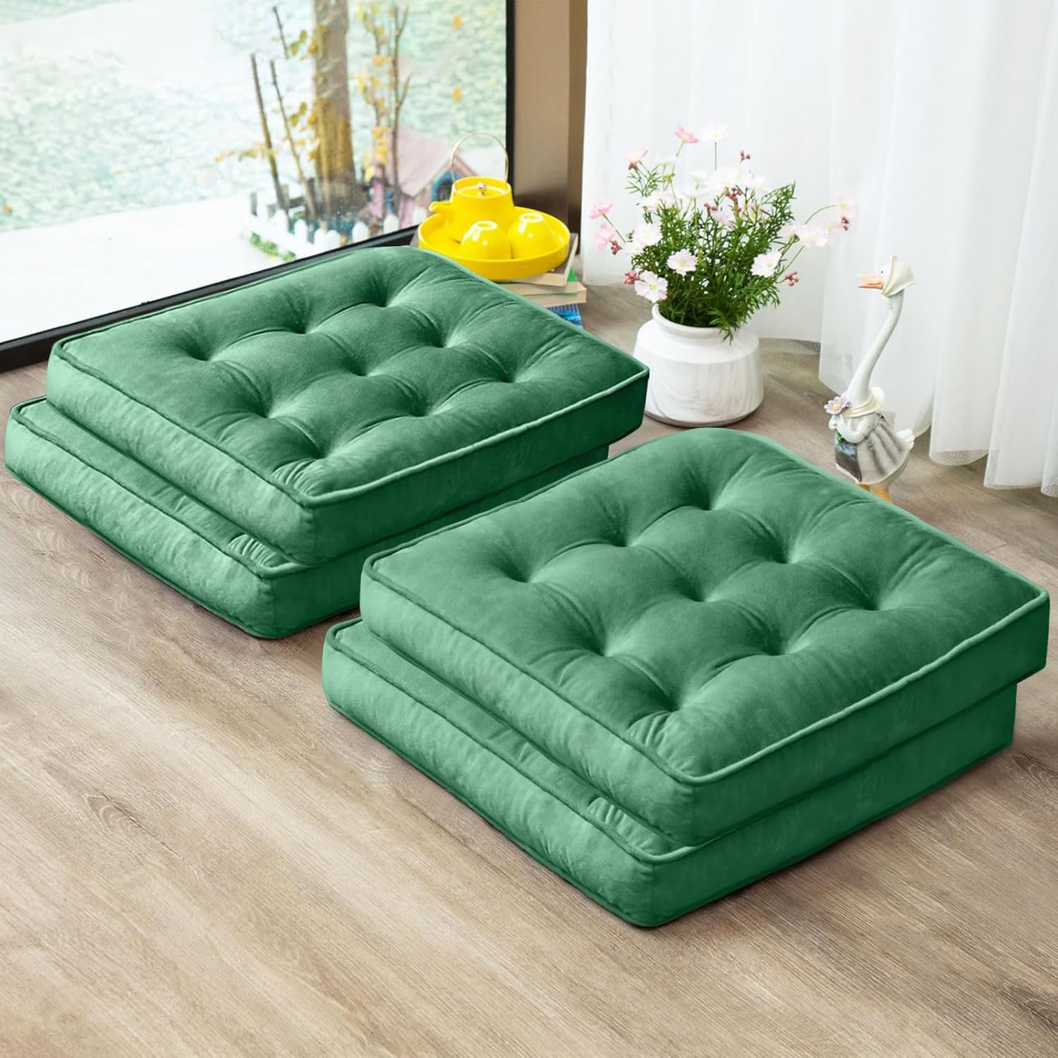 Floor Pillow Set of 4, Memory Foam Meditation Cushion, Floor Cushions for Adults Sitting, Large Square Seat Cushions for Yoga, Living Room, 20x20 Inch (Grey)