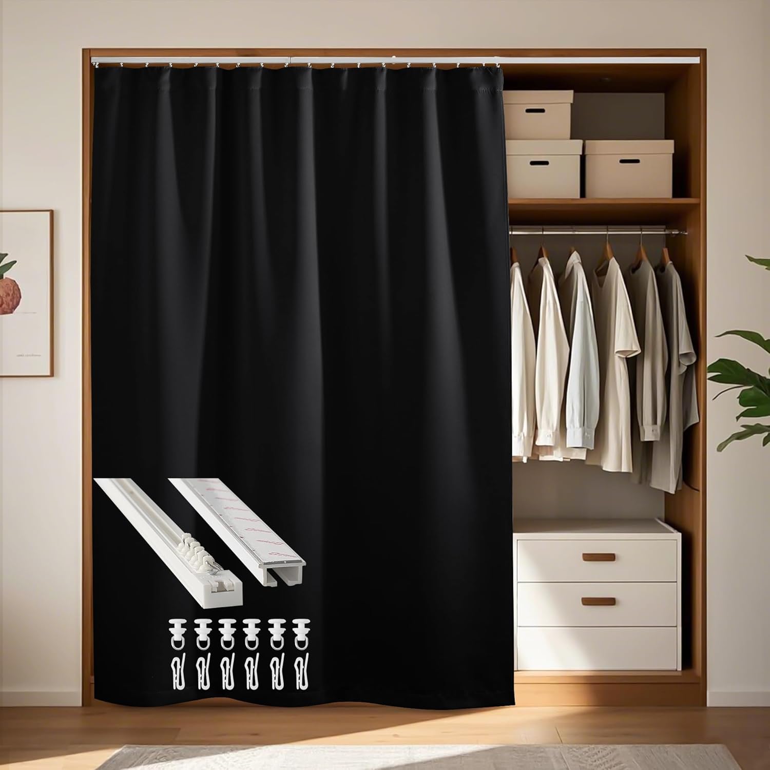 RYB HOME Blackout Room Divider Curtains with Flexible Track Ceiling&Wall Mount, Thermal Insulated Extra Wide Long Track Curtains with Hooks for Living Room, W100 x L84 inch Long, 1 Panel, Black