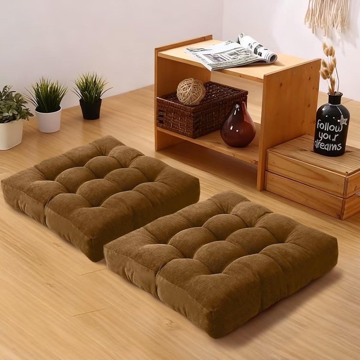 Meditation Floor Pillow Set of 2 Square Large Seat Pillows for Adults Tufted Corduroy Floor Cushion for Tatami Living Room Bedroom Yellow 22x22 Inch