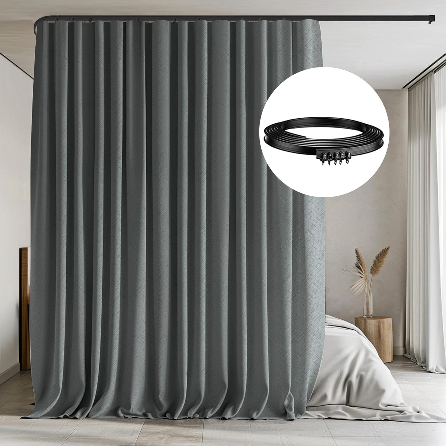 Room Divider Curtains with Flexible Ceiling Tracks Set,Blackout Curtain Ceiling Mount Curtain Track Privacy Room Dividers Ceiling Track Curtain Rod(Black Drape & Black Rail W 8.3 × H 7 FT)
