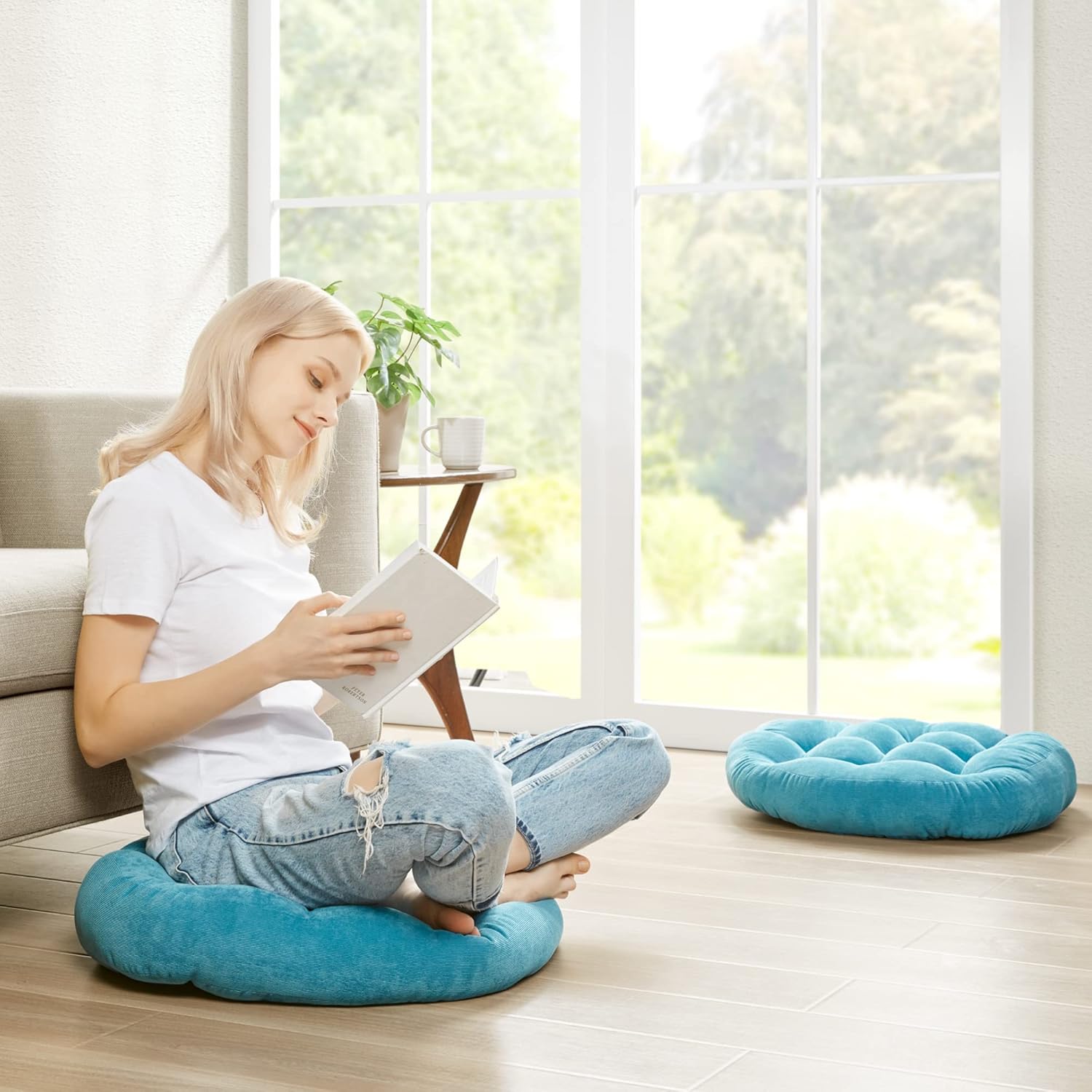 Meditation Floor Pillow Set of 2, Round Large Pillows Seating for Adults, Tufted Corduroy Thick Cushion for Living Room Tatami, Turquoise, 22 Inch'2 Count (Pack of 1)