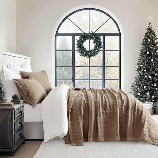 EVERGRACEHOME Stonewashed Cotton Quilt Set King Size, Ultra Soft Oversized Bedspread Coverlet Set, Lightweight Crinkle Box Stitch Bedding Sets for All Season, with 2 Shams, Mocha Brown