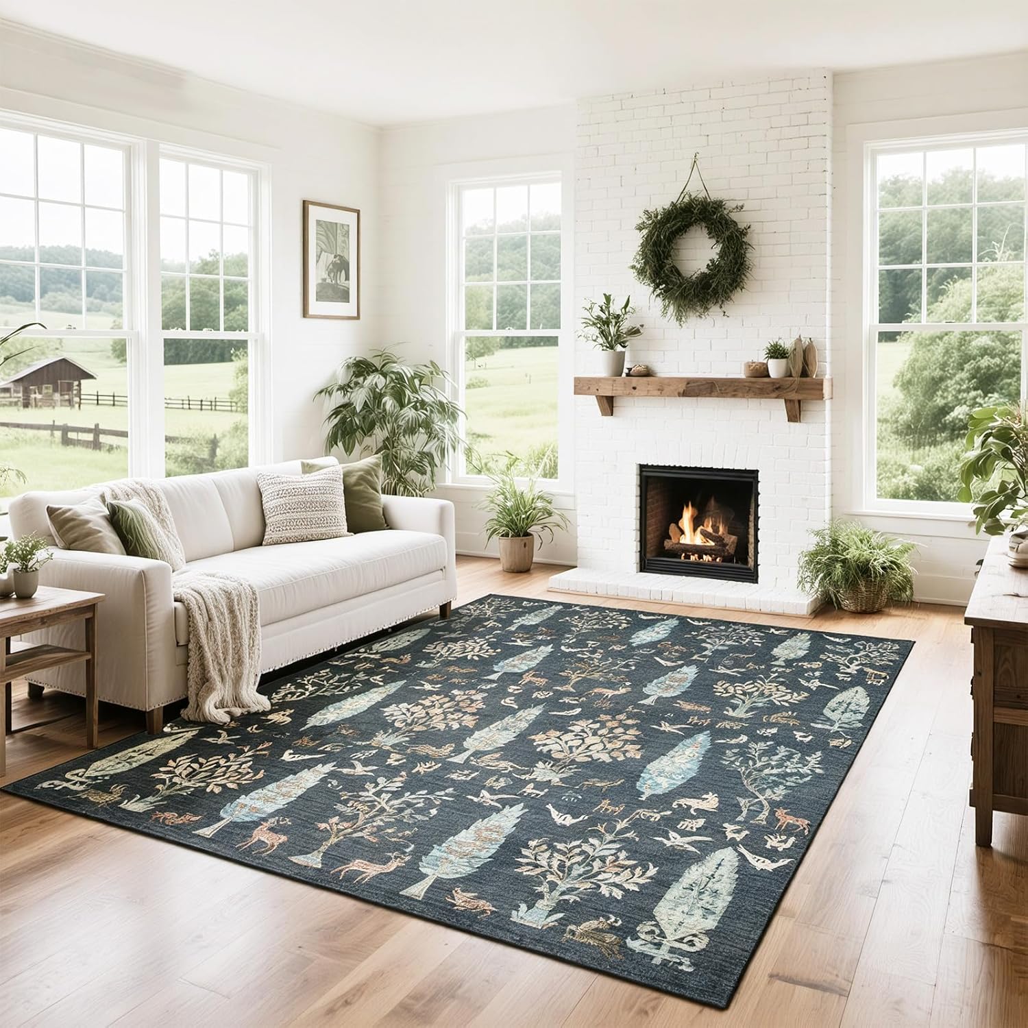 Washable Rugs 8x10 Area Rugs for Living Room,Ultra Soft Faux Wool Retro Rugs for Bedroom,Dining Room,Non Slip&Non-Shedding Low Pile Vintage Print Rug Indoor Large Carpets for Home Office Decor