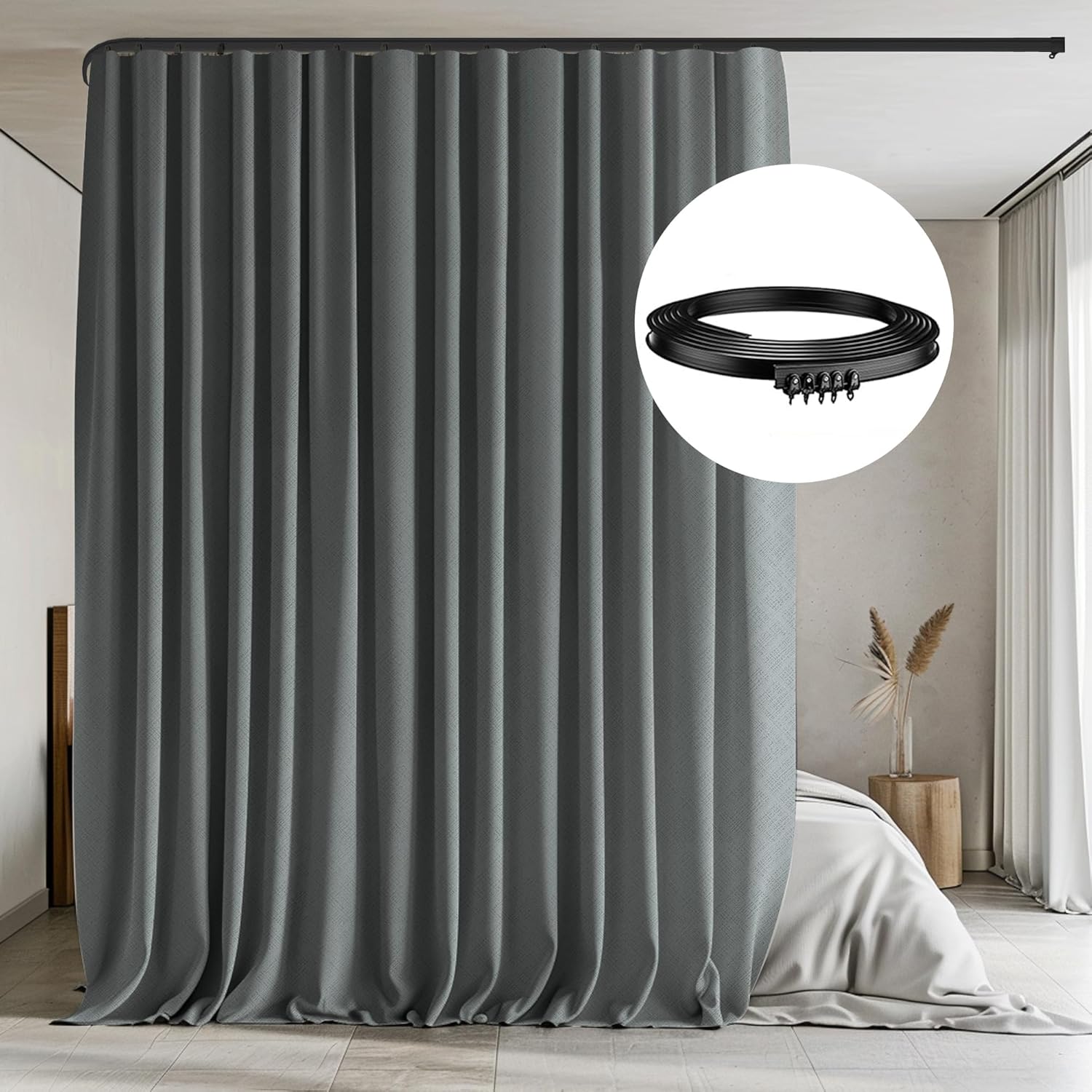 Room Divider Curtains with Flexible Ceiling Tracks Set,Blackout Curtain Ceiling Mount Curtain Track Privacy Room Dividers Ceiling Track Curtain Rod(Black Drape & Black Rail W 8.3 × H 8 FT)