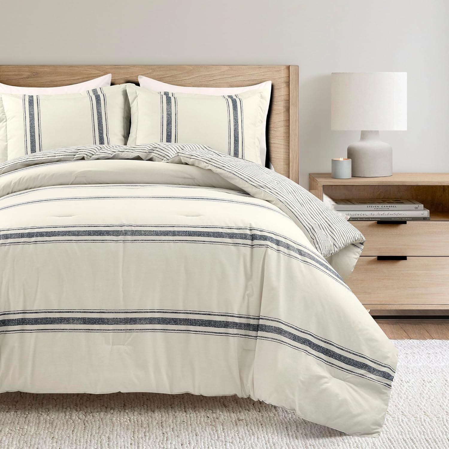 Lush Decor Millstone Farmhouse Stripe Reversible Cotton Comforter Set, 3 Piece Set, King, Gray - Farmhouse Bedding Set - Striped Comforter - Bedroom Decor