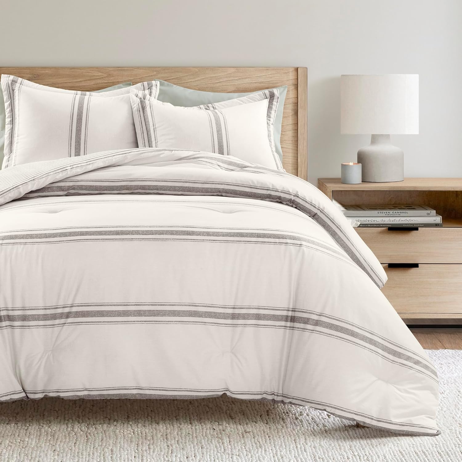 Lush Decor Millstone Farmhouse Stripe Reversible Cotton Comforter Set, 3 Piece Set, King, Gray - Farmhouse Bedding Set - Striped Comforter - Bedroom Decor