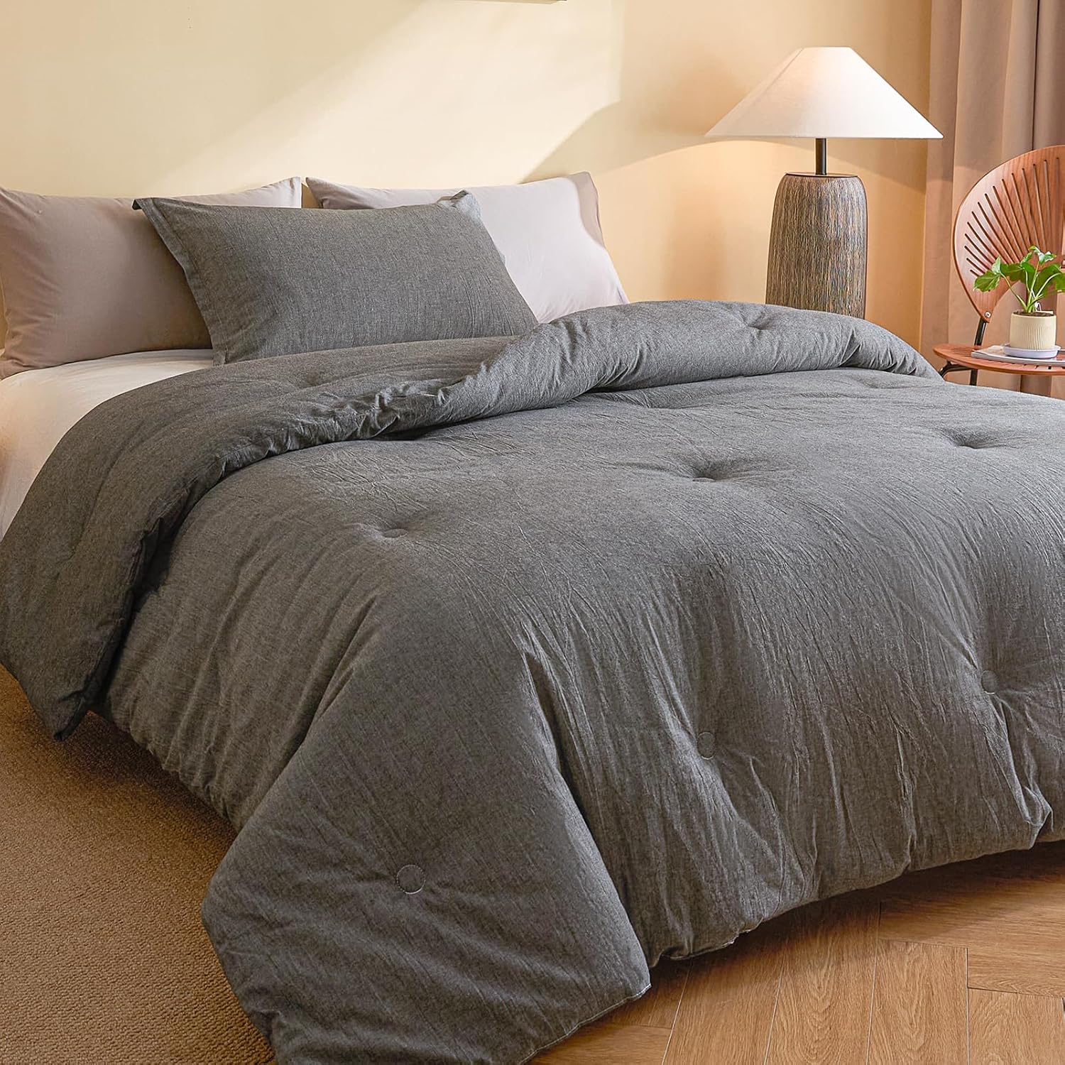 100% Cotton Comforter Set King Size – Reversible Yarn-Dyed Checkered Design, Soft Washed Cotton on Both Sides, Lightweight All-Season Bedding, Machine Washable(Grey White Plaid, 104”x90”)