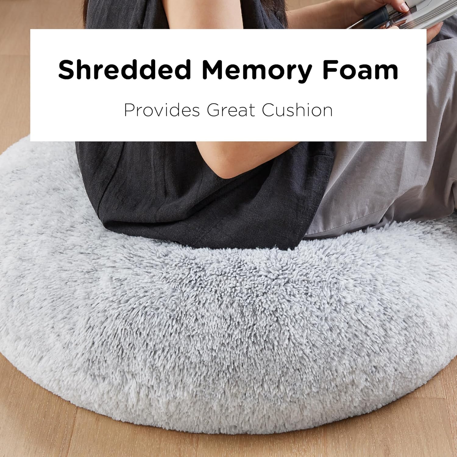 Codi Faux Fur Floor Pillows, Fluffy Large Round Cushions Sitting for Adults, Decorative Fuzzy Pillow for Fireplace, Living Room, Christmas, 32 Inch, Light Grey