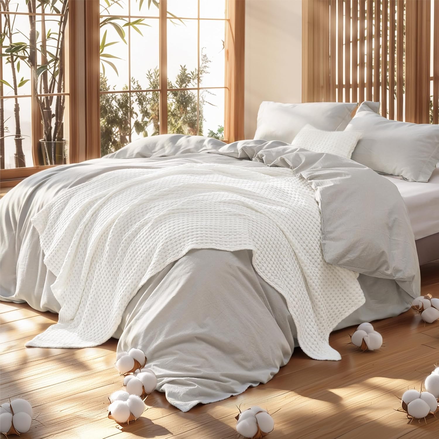 Bedsure 5 Pieces Cotton Comforter Set with Cotton Waffle Throw Blanket - White Queen Comforter, Pillow Shams, Taupe Cooling Blanket of Rayon Derived from Bamboo for Hot Sleepers, Throw Pillow