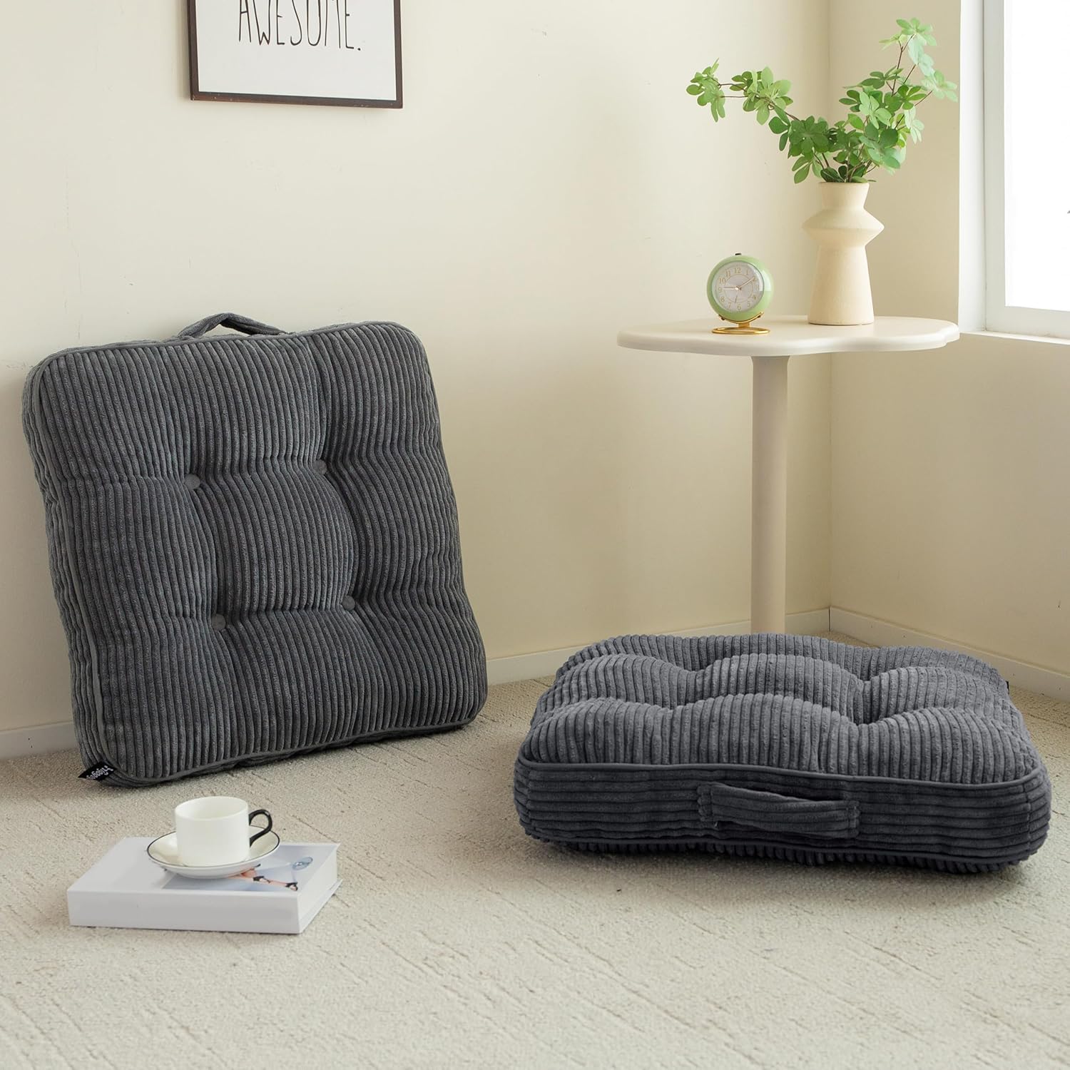 Washable Floor Pillow Cushion for Adults, Meditation Cushion Pillow, Large Square Floor Sitting, Removable Tufted Corduroy Cover, for Tatami Living Room or Yoga, 22x22 Inch, 2Pack, Machine Washable