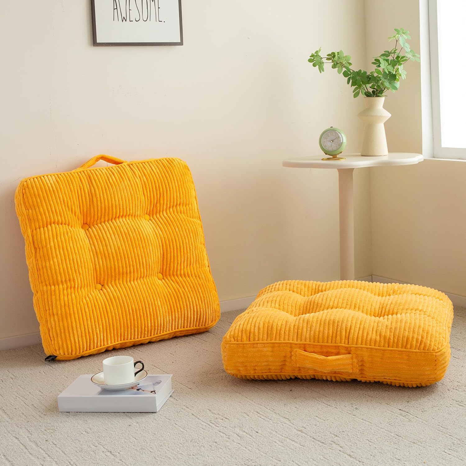 Washable Floor Pillow Cushion for Adults, Meditation Cushion Pillow, Large Square Floor Sitting, Removable Tufted Corduroy Cover, for Tatami Living Room or Yoga, 22x22 Inch, 2Pack, Machine Washable